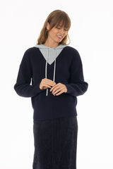 Navy Two Tone Knit Hoodie