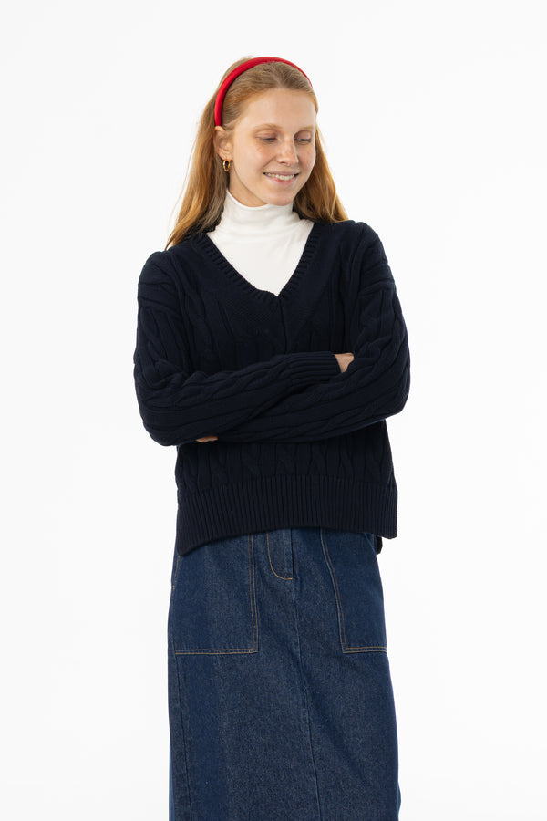 Navy V-Neck Cable Knit Sweater