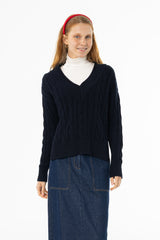 Navy V-Neck Cable Knit Sweater