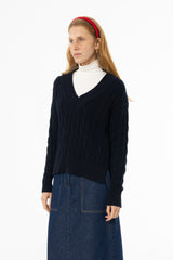 Navy V-Neck Cable Knit Sweater