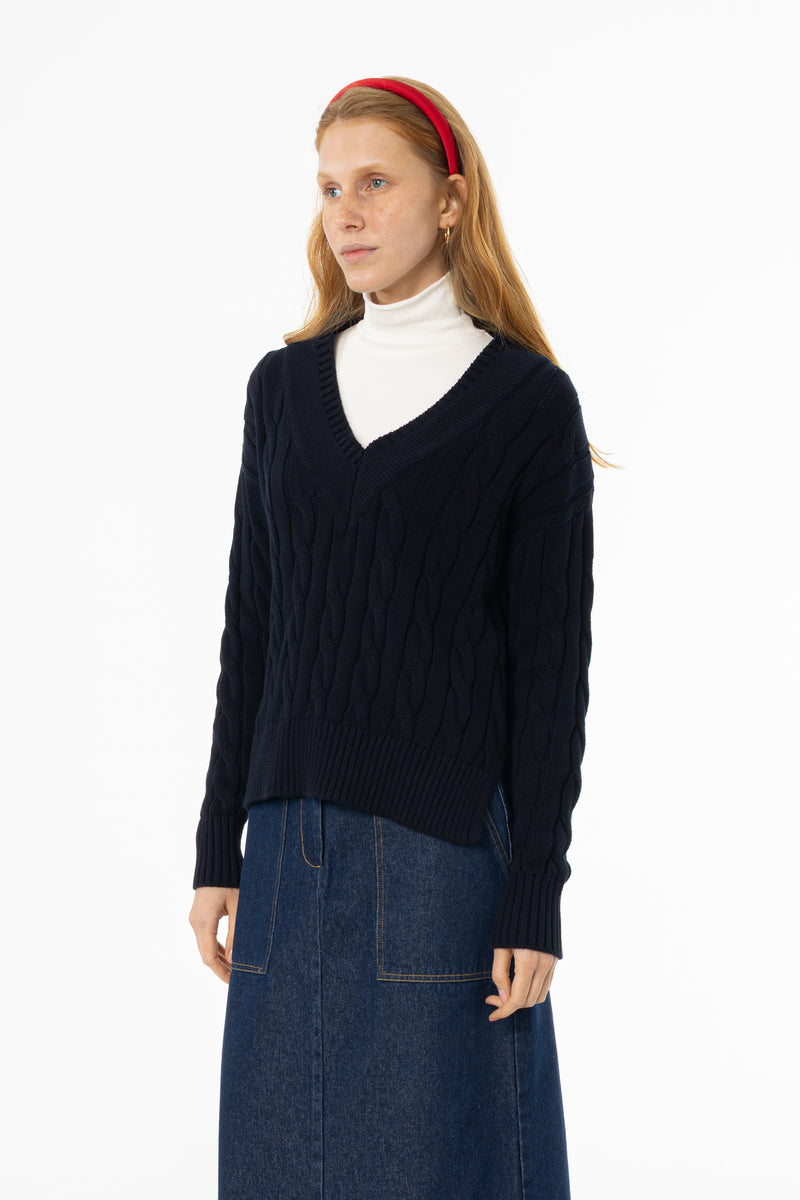 Navy V-Neck Cable Knit Sweater