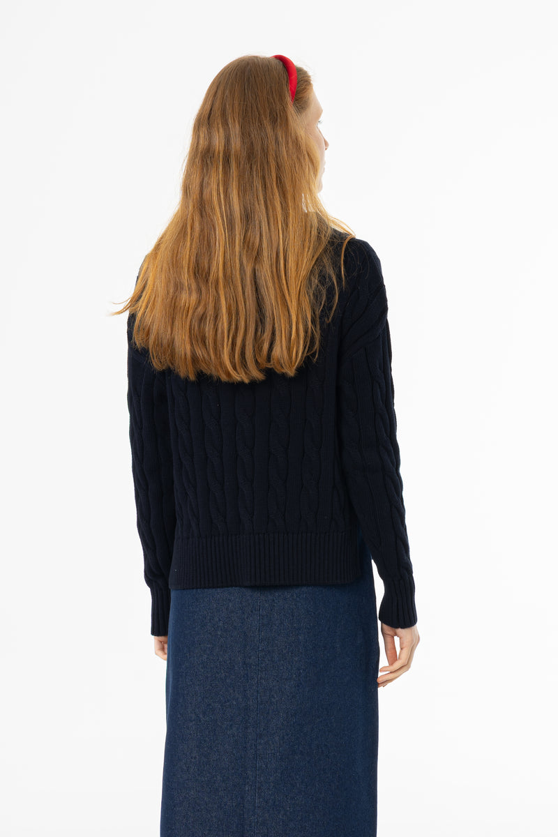 Navy V-Neck Cable Knit Sweater
