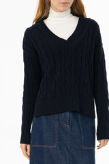 Navy V-Neck Cable Knit Sweater