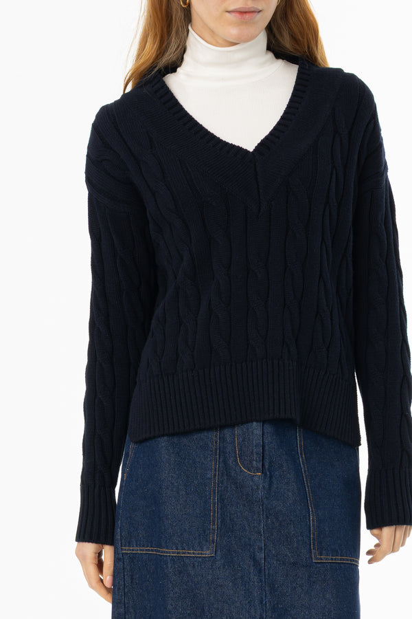 Navy V-Neck Cable Knit Sweater