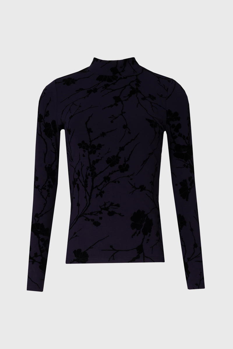 Navy Velvet Detail Mock Neck Top