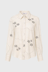 Oatmeal Embroidered Linen Feel Blouse