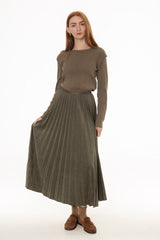 Olive Accordion Pleat Microsuede Maxi Skirt