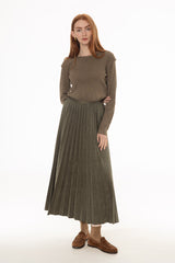 Olive Accordion Pleat Microsuede Maxi Skirt