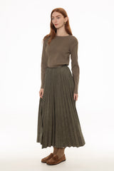 Olive Accordion Pleat Microsuede Maxi Skirt