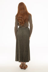 Olive Accordion Pleat Microsuede Maxi Skirt