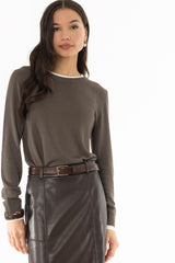 Olive Contrast Neck Thin Knit Sweater