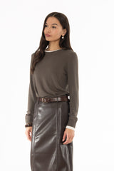 Olive Contrast Neck Thin Knit Sweater