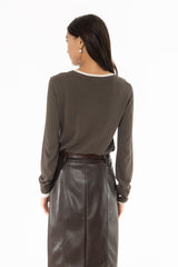 Olive Contrast Neck Thin Knit Sweater