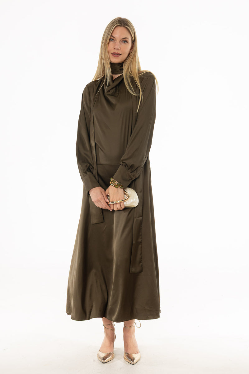 Olive Cowl Neck Draped Maxi Dress – BLANK