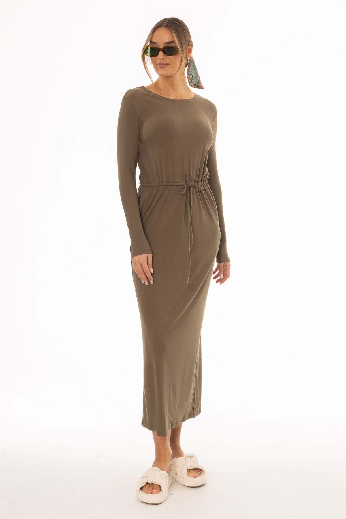 knee length dresses for ladies Olive Drawstring Maxi Dress – BLANK