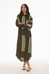Olive Printed Shirt Maxi Dress