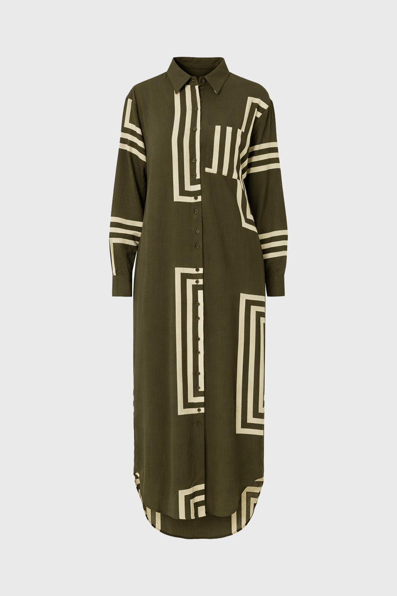 Olive Printed Shirt Maxi Dress – BLANK