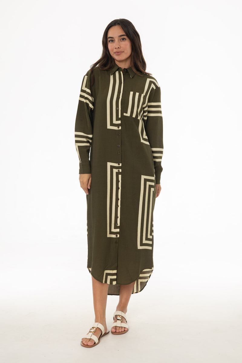 Olive Printed Shirt Maxi Dress – BLANK