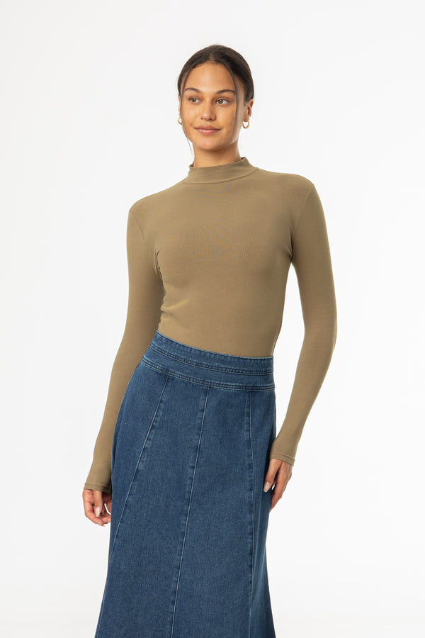 Olive Ribbed Mock Neck Top