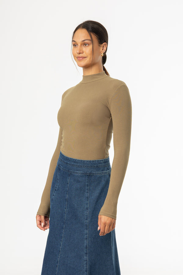 Olive Ribbed Mock Neck Top