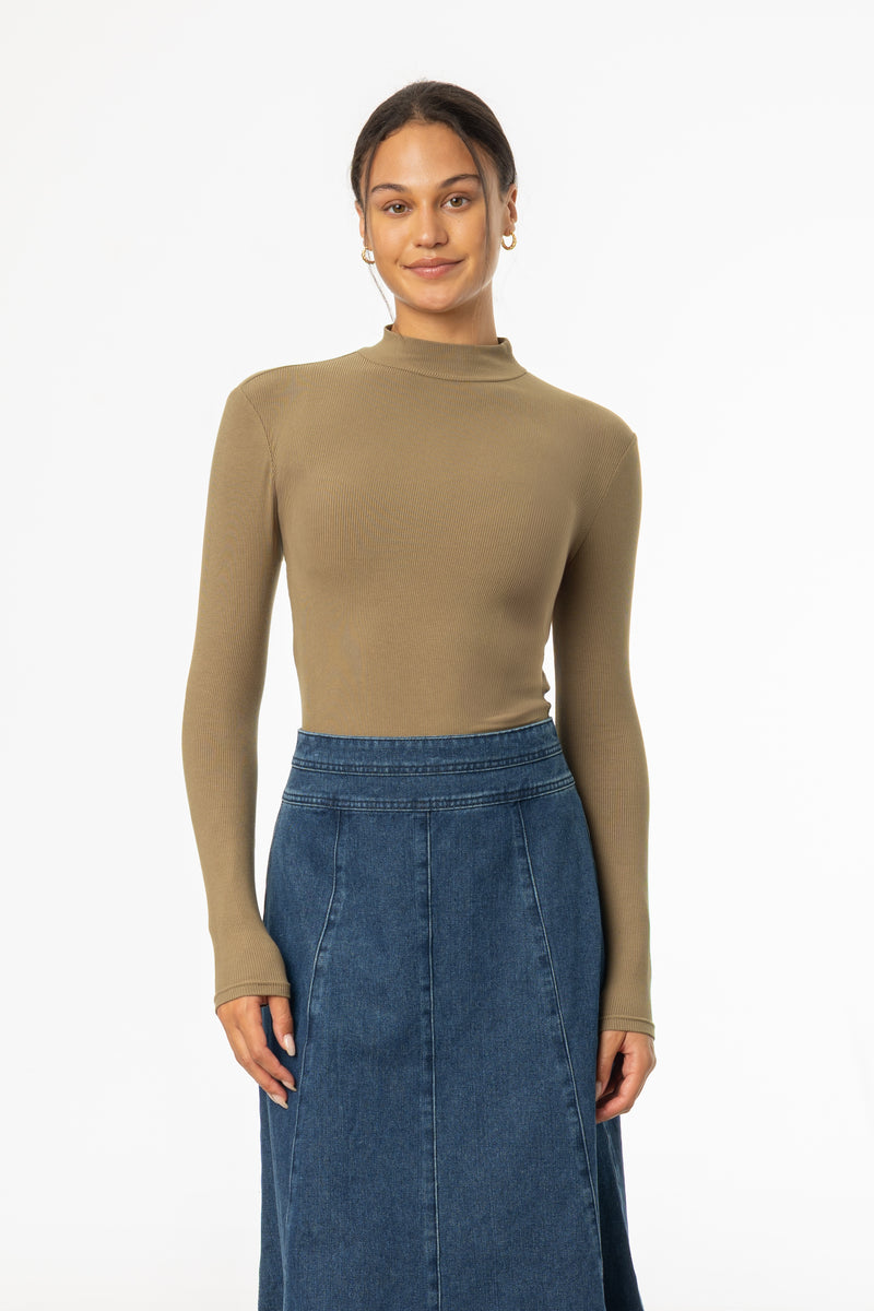 Olive Ribbed Mock Neck Top