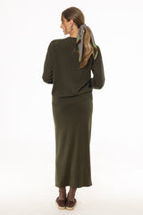 Olive Stitched Knit Maxi Skirt