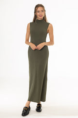 Olive Turtleneck Ribbed Knit Maxi Jumper