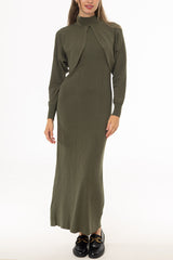 Olive Turtleneck Ribbed Knit Maxi Jumper