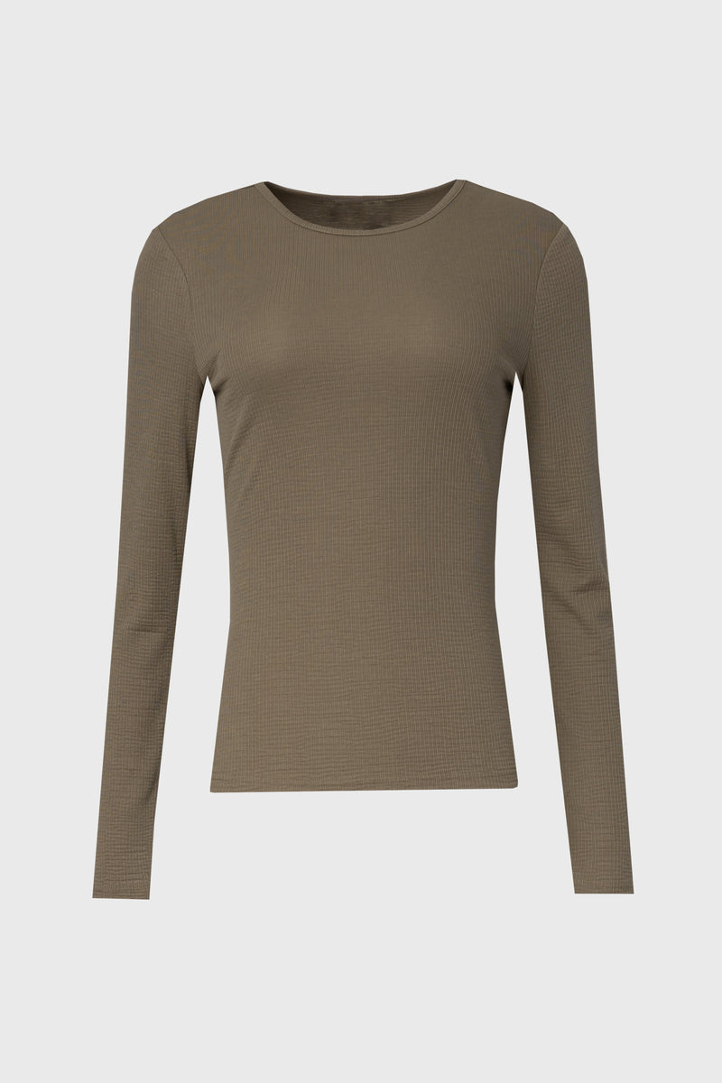 Olive Waved Round Neck Long Sleeve T Shirt