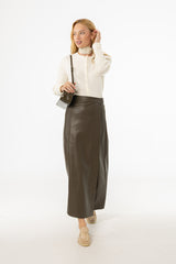 Olive Wrap Vegan Leather Maxi Skirt