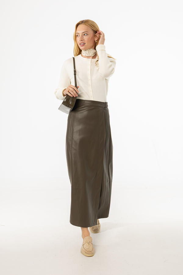 Olive Wrap Vegan Leather Maxi Skirt