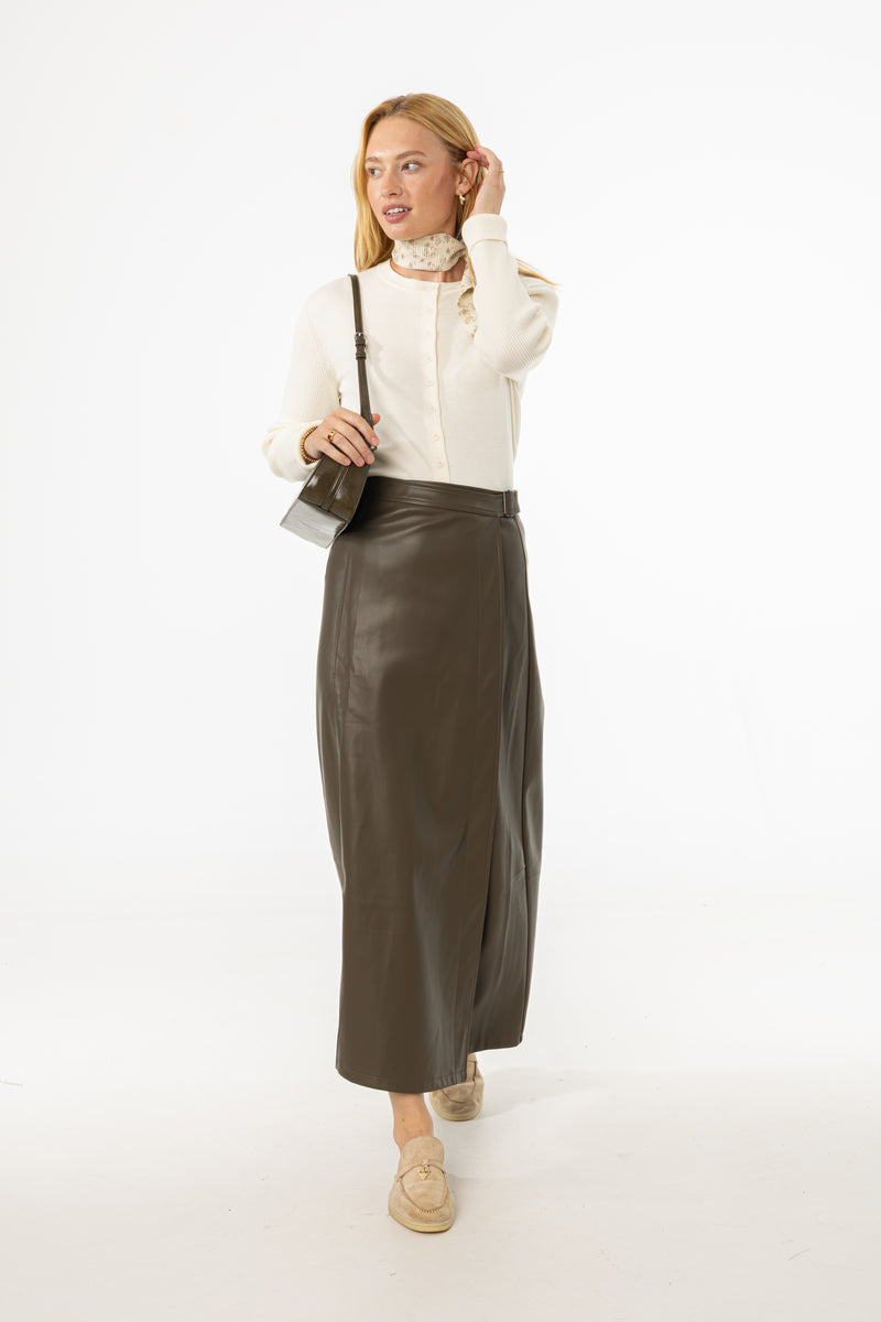 Olive Wrap Vegan Leather Maxi Skirt