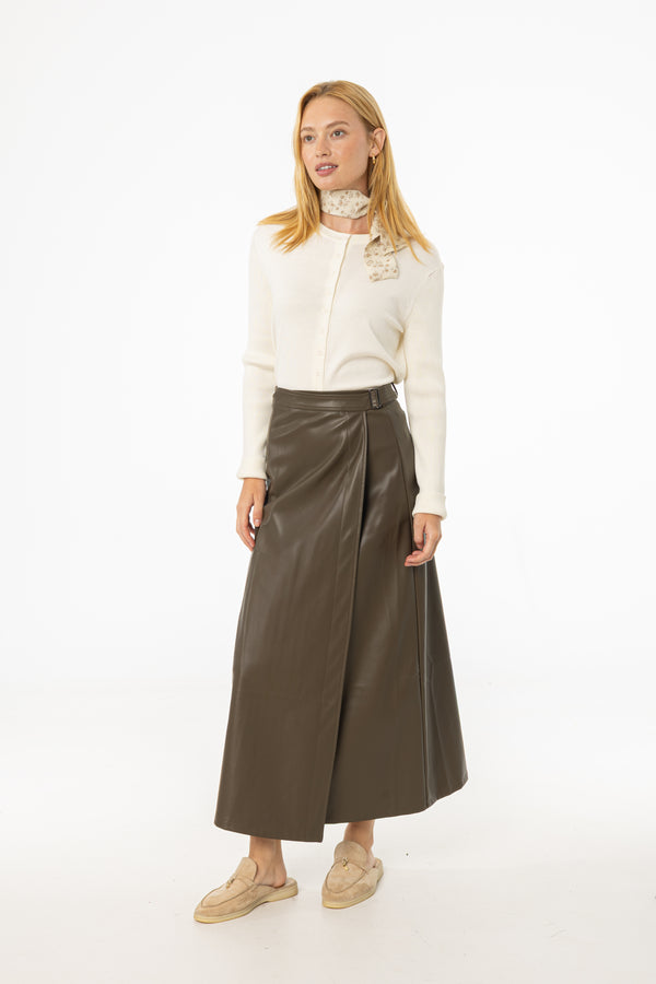 Olive Wrap Vegan Leather Maxi Skirt