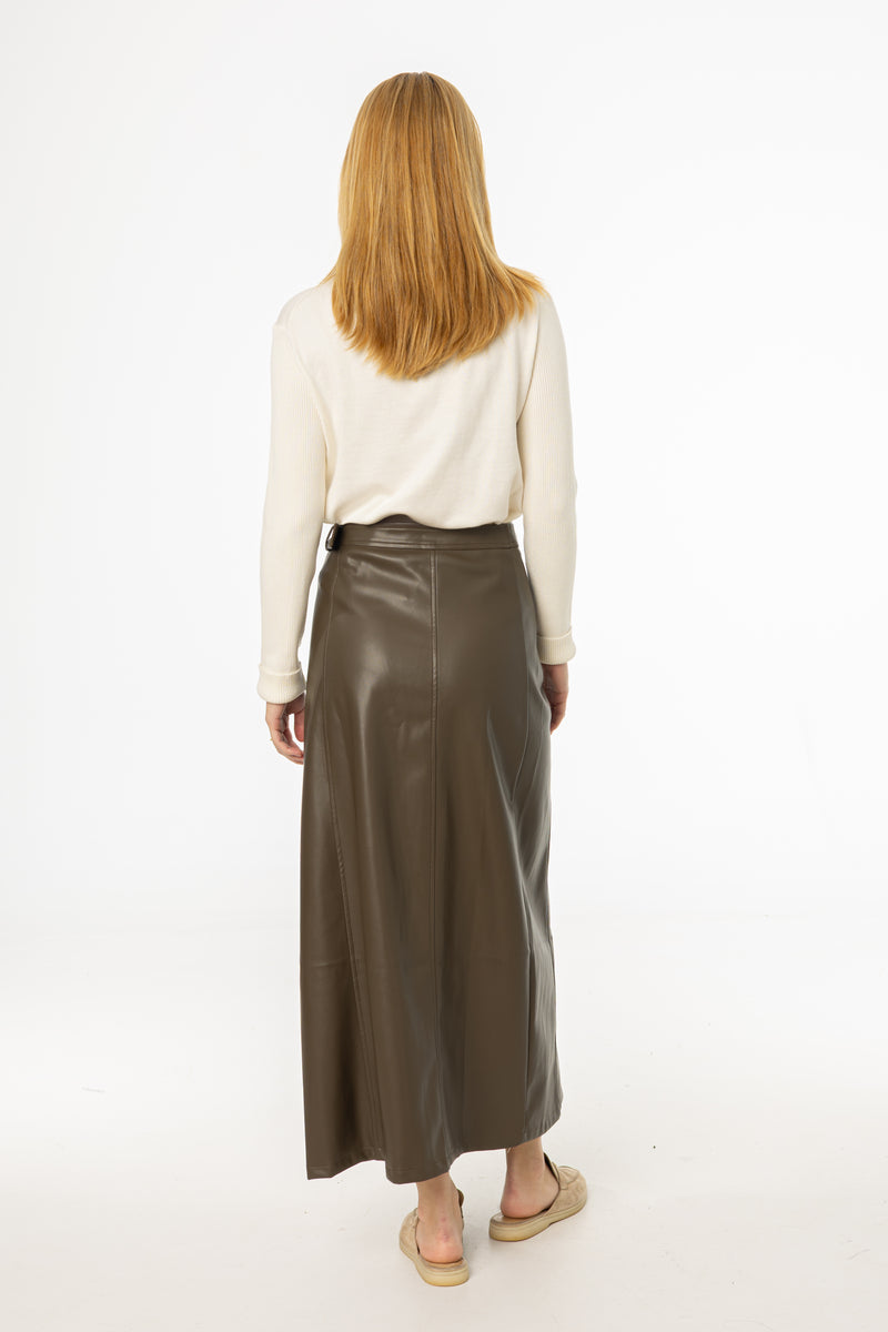 Olive Wrap Vegan Leather Maxi Skirt