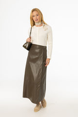 Olive Wrap Vegan Leather Maxi Skirt