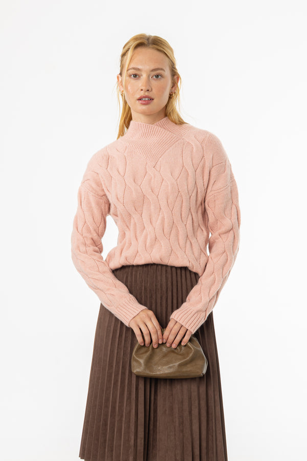 Pink Collar Detail Cable Knit Sweater