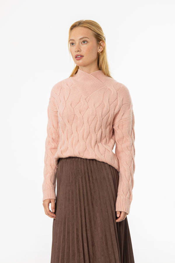 Pink Collar Detail Cable Knit Sweater
