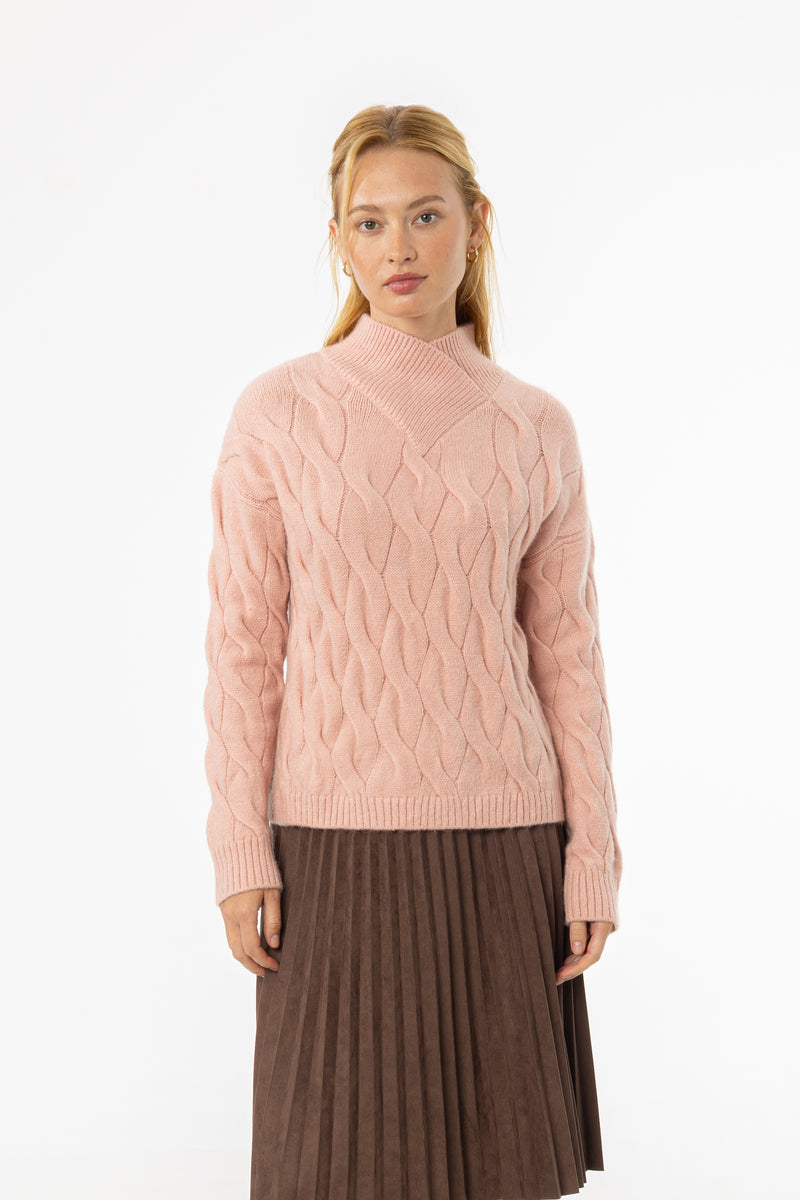Pink Collar Detail Cable Knit Sweater