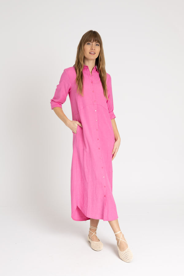 Pink Linen Maxi Shirt Dress