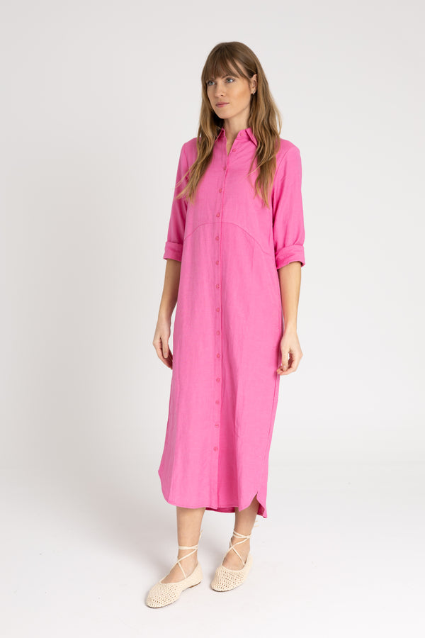 Pink Linen Maxi Shirt Dress