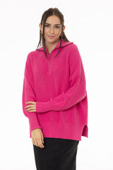Pink Ribbed Knit Quarter Zip Sweater