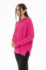 Pink Ribbed Knit Quarter Zip Sweater