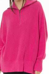 Pink Ribbed Knit Quarter Zip Sweater