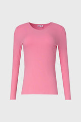 Pink Ribbed V Neck Long Sleeve T-Shirt