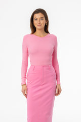 Pink Ribbed V Neck Long Sleeve T-Shirt