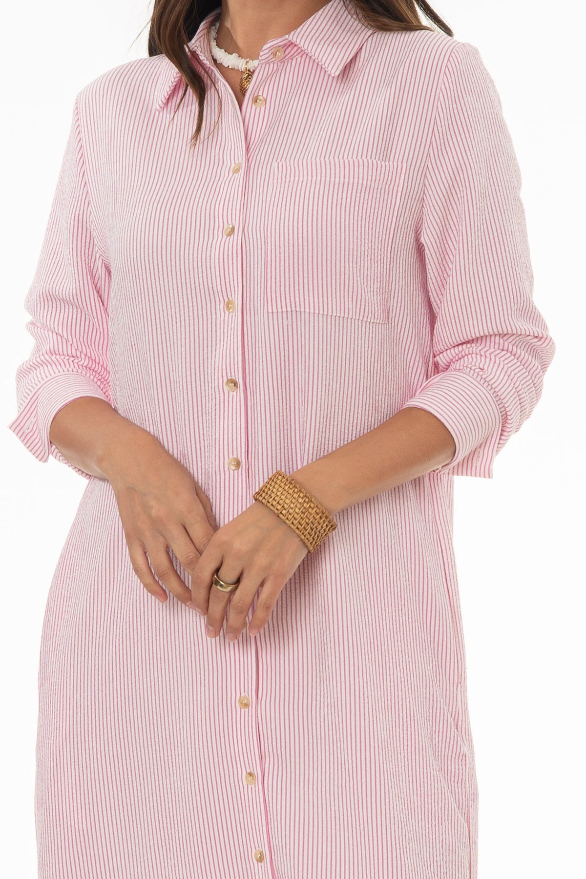 Pink Seersucker Striped Maxi Shirt Dress – BLANK