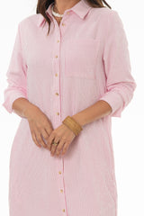 Pink Seersucker Striped Maxi Shirt Dress