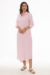 Pink Seersucker Striped Maxi Shirt Dress