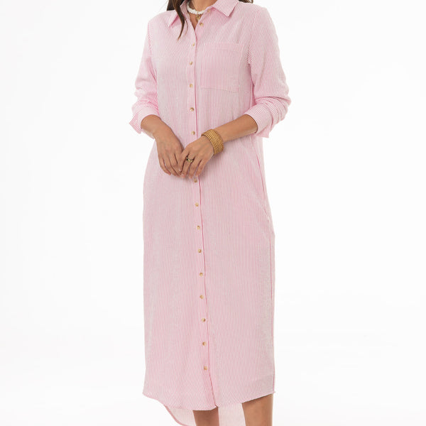pink long sleeve button up dress Pink Seersucker Striped Maxi Shirt Dress – BLANK