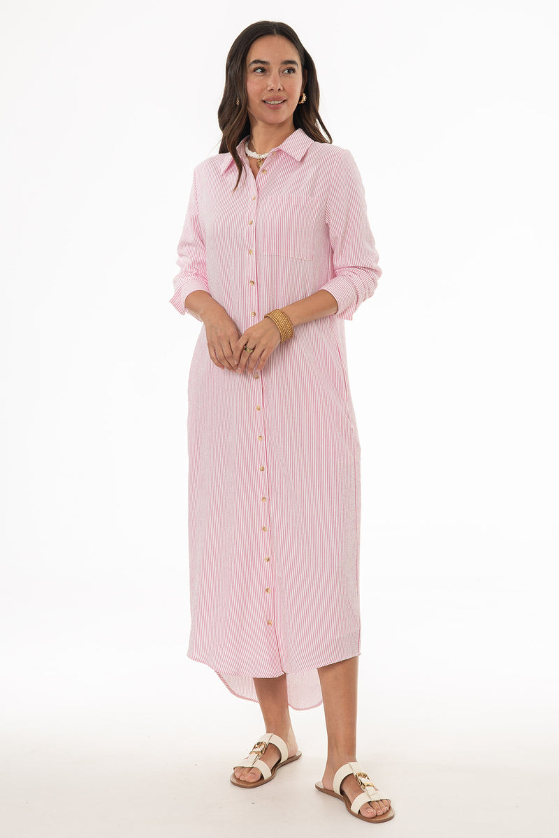 Pink Seersucker Striped Maxi Shirt Dress – BLANK